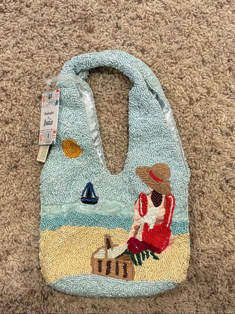 T.J.Maxx Beaded Seaside Tote in Light Blue, Cream, Red, Tan, Navy